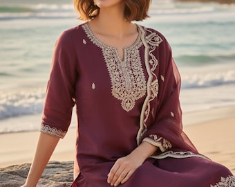 Silk Kurta Set Kurta with Trousers & Dupatta Salwar Kameez Set Pakistani Suit XXL Plus Size Kurta Indian Dress Kurtis for Women 3Piece Set