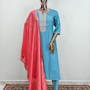 Indian Dress For Women - Blue Embroidered Kurta With Trousers & Dupatta - Salwar Kameez Set - Indian Party Wear Dress - Ethnic Set