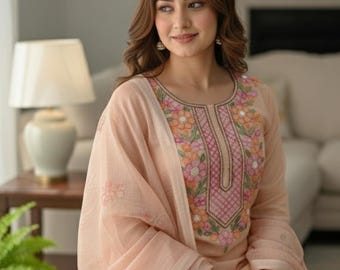 Peach Chanderi Silk Kurta Palazzo Set - Floral Embroidery, Party Wear