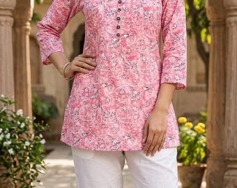 Kurtis for women - Indian Tunic - Short Kurta Dress - Pink & White Printed Cotton Kurti - Indian Dress - Top and Tees - Summer Wear Tops