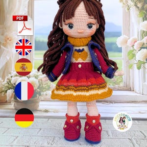 Patroon gehaakte pop: Amelia Amigurumi-pop 30 cm (pdf in het Engels-Spaans-Frans-Duits)