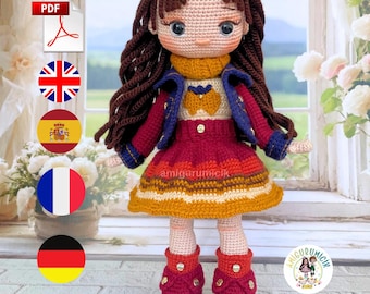 Crochet Doll Pattern: Amelia Amigurumi Doll  30cm (PDF in English-Spanish-French-German)