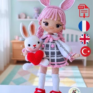 Eng-Fr Amigurumi Miyu doll pattern in detailed crochet instructions,