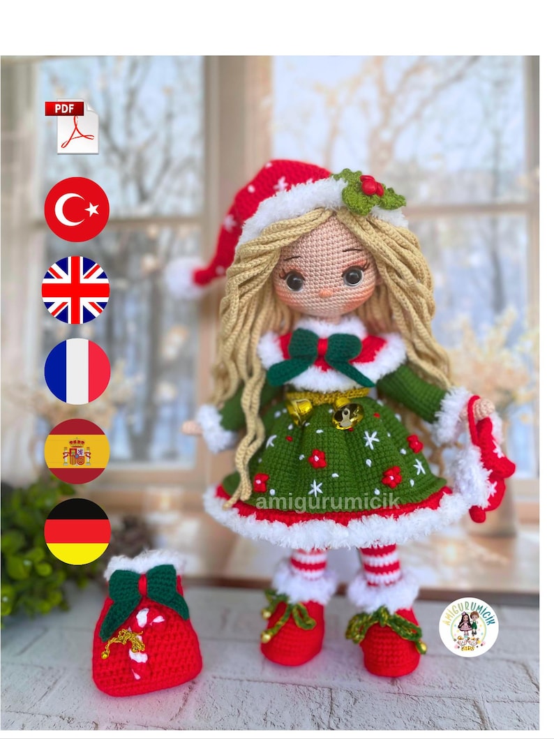 Wzór na szydełkową lalkę amigurumi – świąteczna zabawka Noelle (do pobrania w formacie PDF) zdjęcie 1