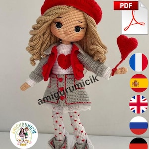 Wzór na szydełkową lalkę Valentina Amigurumi w formacie PDF | Lalka walentynkowa | Angielski Francuski Niemiecki Hiszpański Rosyjski