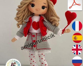 Valentina amigurumipop haakpatroon pdf | Valentijnspop | Engels Frans Duits Spaans Russisch