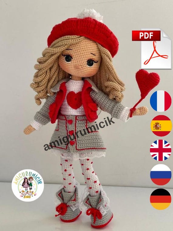 Valentine's Day Crochet Doll Pattern: Valentina Amigurumi (35 cm in size)(English,French, German, Spanish ,RUSSIAN )