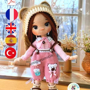 Patrón de crochet para amigurumi de la muñeca Lulu, PDF. / Inglés - Francés - Español - Turco