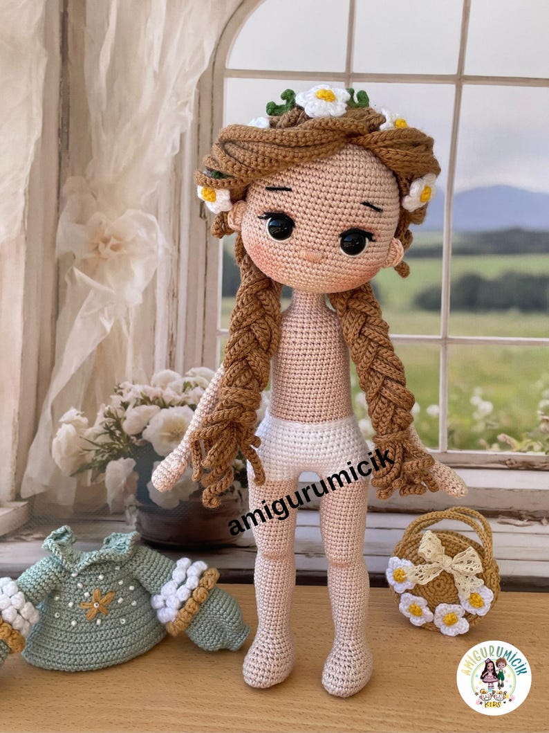 May include: A handmade crochet doll with brown braided hair adorned with white and yellow flower accents. The doll wears white shorts and has a matching crochet basket with flower details. A green and white crochet outfit is also present.