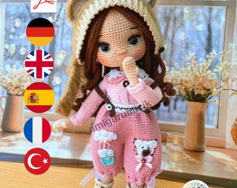 Lulu doll amigurumi crochet pattern, PDF. / English - French - Spanish-German-Türkçe
