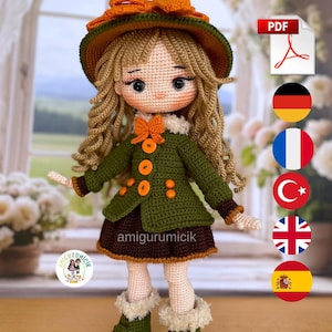 Schema per realizzare all'uncinetto la bambola amigurumi Wendy / Bambola Ragazza Autunnale con Accessori (Download PDF)