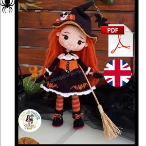 May include: A crochet doll named Witch Sementa with long orange hair, wearing a black witch hat with a skull accent, a black and orange dress with bat motifs, and striped orange and black stockings. The doll holds a small wooden broomstick.