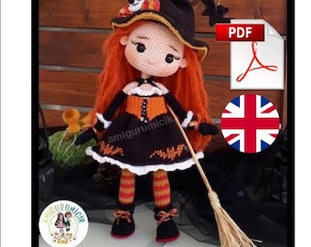 May include: A crochet doll named Witch Sementa with long orange hair, wearing a black witch hat with a skull accent, a black and orange dress with bat motifs, and striped orange and black stockings. The doll holds a small wooden broomstick.