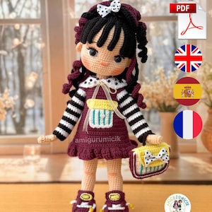 May include: A handmade crochet doll with black hair and a white bow. The doll wears a burgundy dress with black and white striped sleeves, and matching shoes. It holds a yellow purse with a white bow. The doll's name is "amigurumicik".