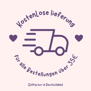 May include: Purple graphic with a delivery truck, hearts, and the text "Kostenlose Lieferung f&uuml;r alle Bestellungen &uuml;ber 35&euro; G&uuml;ltig nur in Deutschland".