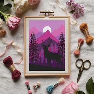 Deer Cross Stitch Pattern | Mountain Sunset Embroidery PDF | Modern Forest Wildlife Cross Stitch  DIY Hoop Art