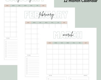 Digital Download 12 Month Calendar [UNDATED] - minimal, earth tones, fill in