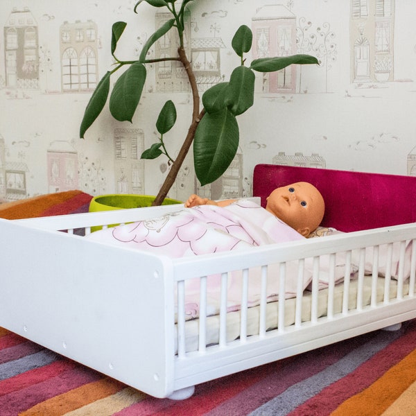 Large Handmade Wooden Double Doll Bed with Mattress and Bedding, 20 inch Wide Twin Bed,