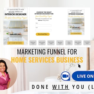 Pode incluir: Imagem promocional de um funil de marketing para empresas de serviços domésticos. Apresenta uma mulher com um blazer rosa, texto como "27 perguntas a fazer antes de contratar um designer de interiores" e um botão "Live on Zoom".