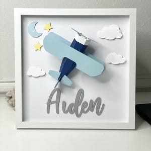 12 x 12&quot; Custom 3D Art Paper Shadow Box - Plane. Gifts for Baby Nursery, Frame For Wall Decoration, Baby Shower.
