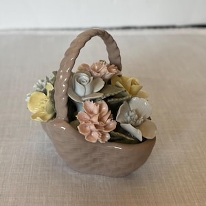 Royal Adderley mixed pink, blue & yellow bouquet in basket figurine;  2 3/4&quot; high bone china; made in England ca 1955- 1964