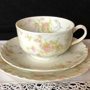 Three piece Haviland Limoge France cup, saucer, and dessert/bread plate; pink roses; Schleiger 57 (or 57 variant); ca 1894-1931