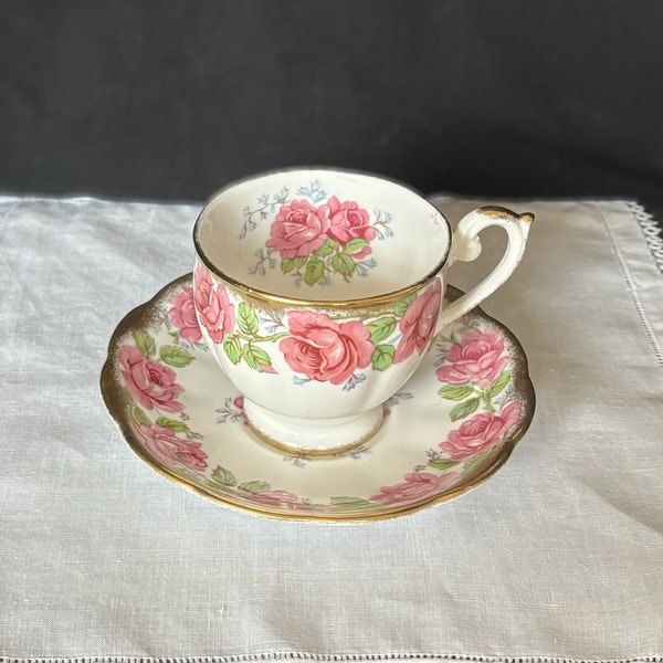 Queen Ann/Bell China Lady Alexander pink rose tea or coffee cup and saucer with heavy gold trim; bone china, Shore & Coggins, England 1950s