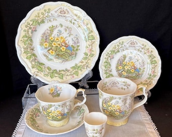 Royal Doulton Brambly Hedge tea & coffee 6 piece place setting, Four Seasons Spring pattern; signed JIll Barklem; made in England ca 1980s