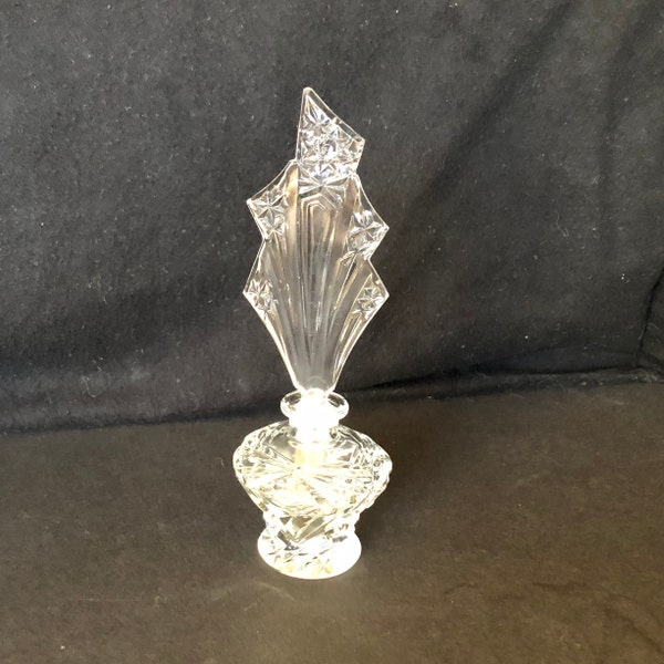 Art deco clear pressed glass perfume bottle with stopper; ca 1930s