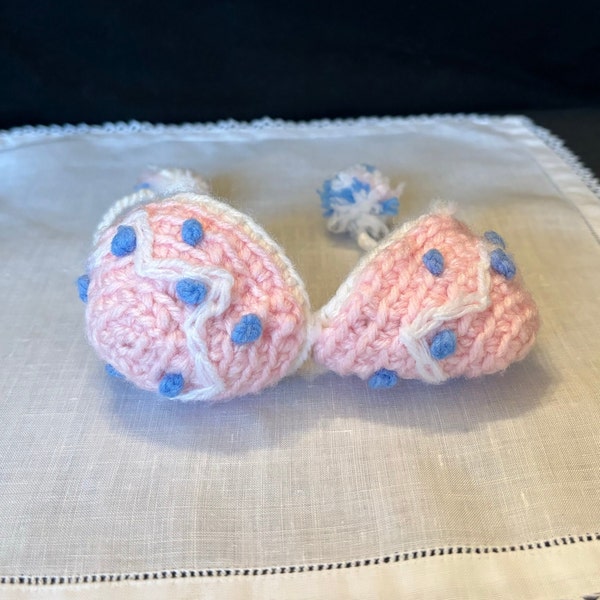 Vintage crochet egg cover/cosy/warmer, pink with blue and white decor and pom poms