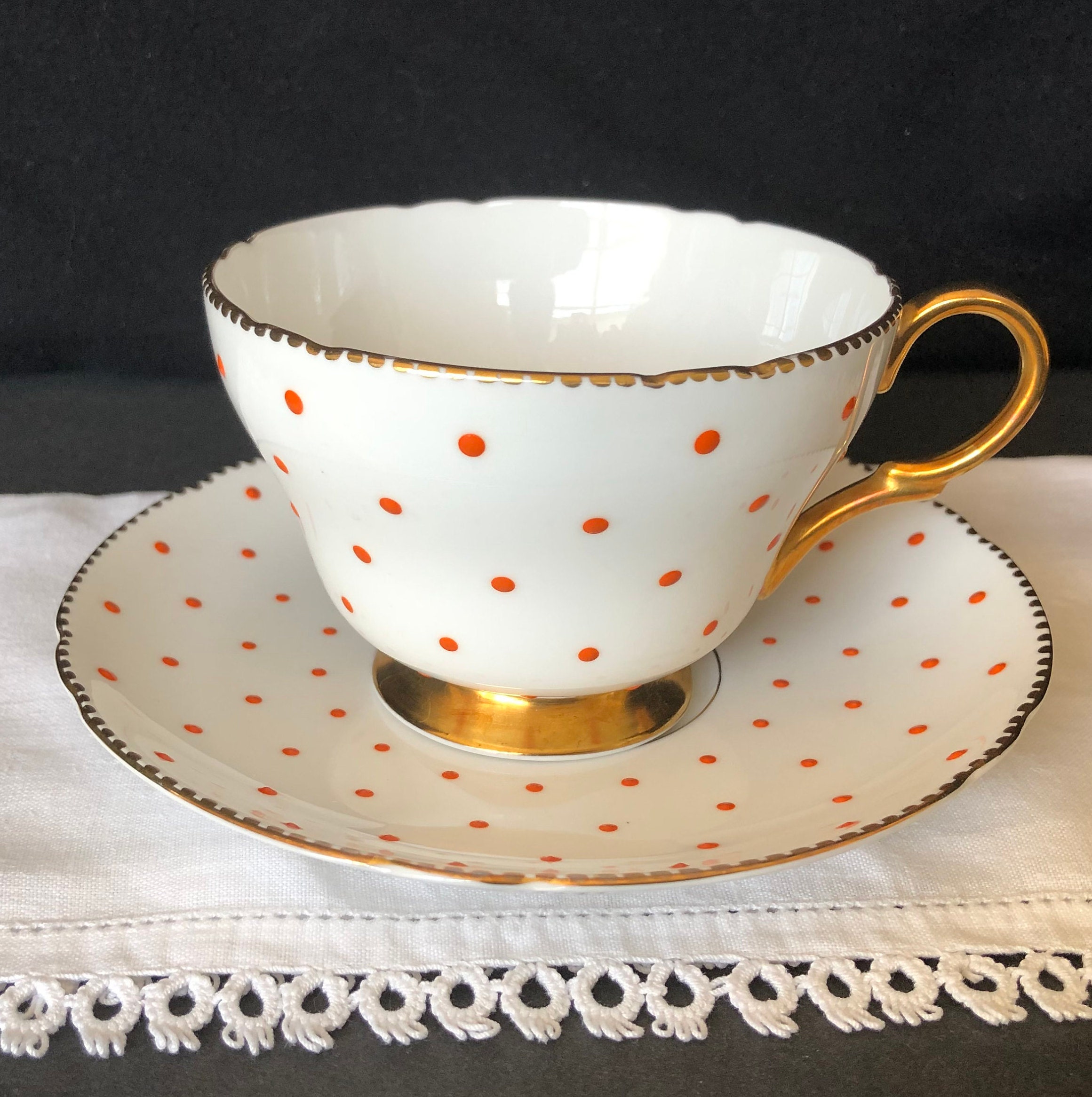 Shelley Tea or Coffee Cup and Saucer; Coral/reddish-orange Polka 