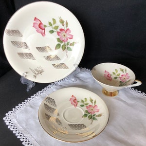 Winterling 3-piece tea or coffee cup with dessert or bread plate; MCM; pink flowers with gold; Bavaria, Germany, ca 1940s-1950s