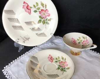 Winterling MCM trio tea or coffee cup with tea/lunch/dessert plate; pink flowers & gold trim; Bavaria, Germany, ca 1940s-1950s