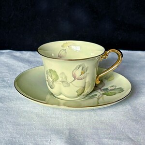 May include: A vintage teacup and saucer set. The cup and saucer are pale green with a floral design in shades of green and purple. The cup has a gold handle and trim.