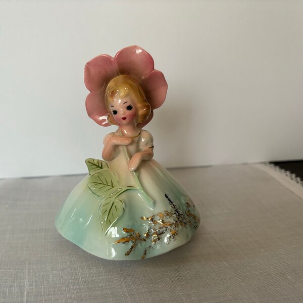 Josef Originals 'Mighty Like a Rose' from Favorite Sayings series; girl with flower & stem parasol; Japan ca 1960s