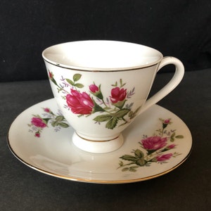 Moss rose tea or coffee cup and saucer; made in China - backstamp in Chinese.