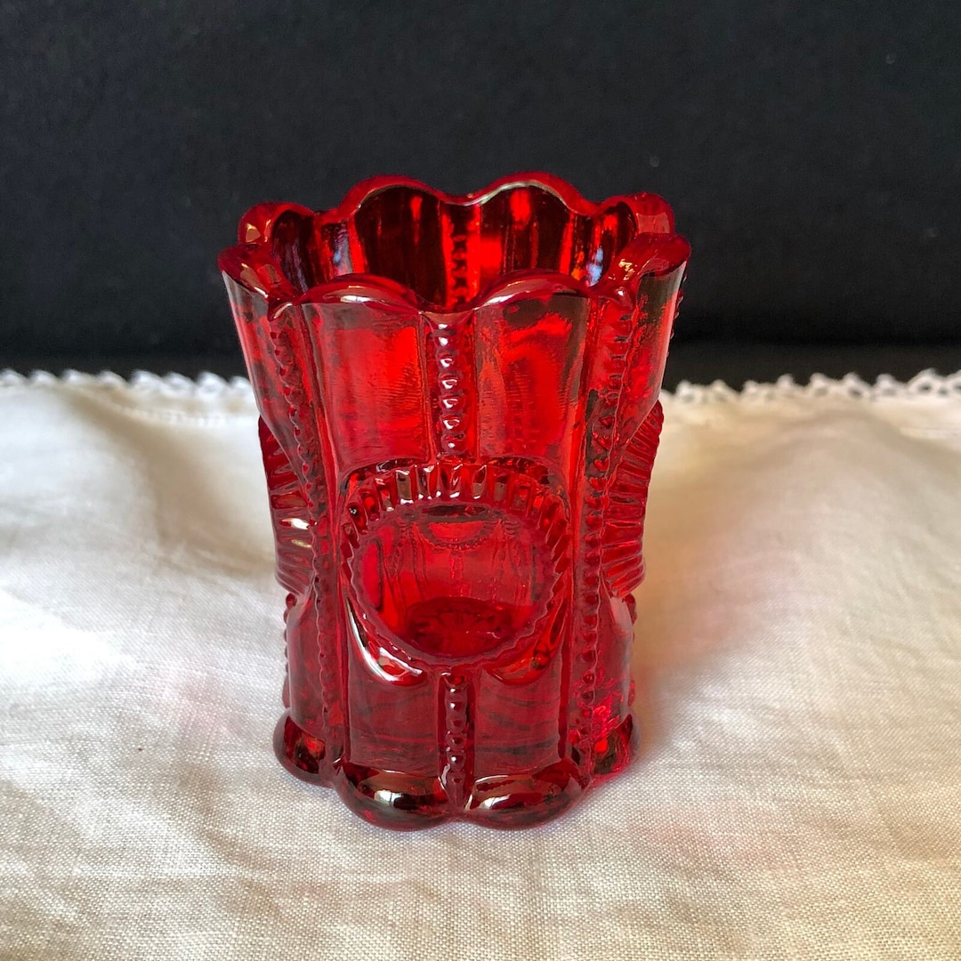 L G Wright Ruby Red Glass Toothpick Holder Columbia/bullseye & Zipper