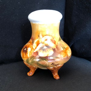 Vintage porcelain pansy pattern sugar caster/muffineer/sugar shaker; 4 1/2&quot; high; hand painted & signed by artist
