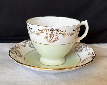 Royal Vale bone china footed tea or coffee cup and saucer; mint green, white and gold; made in England ca 1930-1940s