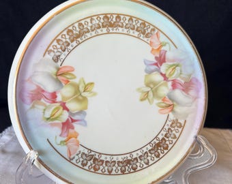 Antique Schonwald tea tile trivet; sweet peas floral pattern with gold leaves and trim; Made in Germany ca 1910s-1920s