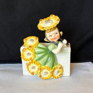 Rare Vintage 1956 Relpo (Reliable Glassware & Pottery) Brenda Planter Vase A625;  green dress yellow flowers gold accent; has bottom stamp