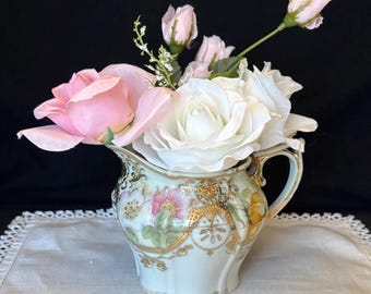 Antique TAIG Nippon style creamer/pitcher/vase; hand painted floral with extensive gilding & raised moriage beading, Japan ca 1910-1920