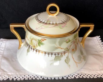 Hand painted Imperial PSL lidded cracker/biscuit/cookie jar, pale pink and white roses with gold trim, made in Austria ca 1910s-1920s