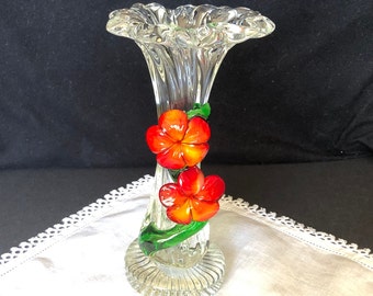 Beautiful art glass flower wrapped bud vase; clear with red/orange/yellow blown glass flowers over green stem; 7 1/2" high