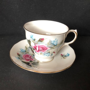 Queen Anne pink rose tea or coffee cup and saucer; bone china, Shore & Coggins/Ridgeway Co, England ca 1950-1981