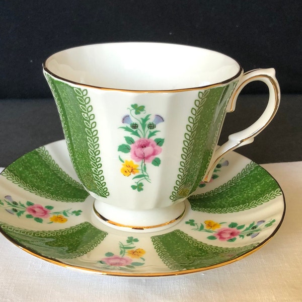 Duchess bone china tea or coffee cup and saucer; green stripe with pink roses; made in England; 1960s-1970s