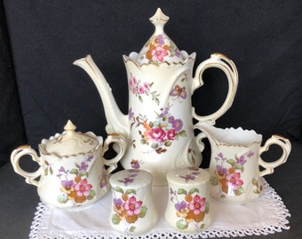 Lefton 'Spring Bouquet' butterfly and floral coffee/tea set: teapot, sugar, creamer, S&P; hand painted; made in Japan ca 1948-1950's