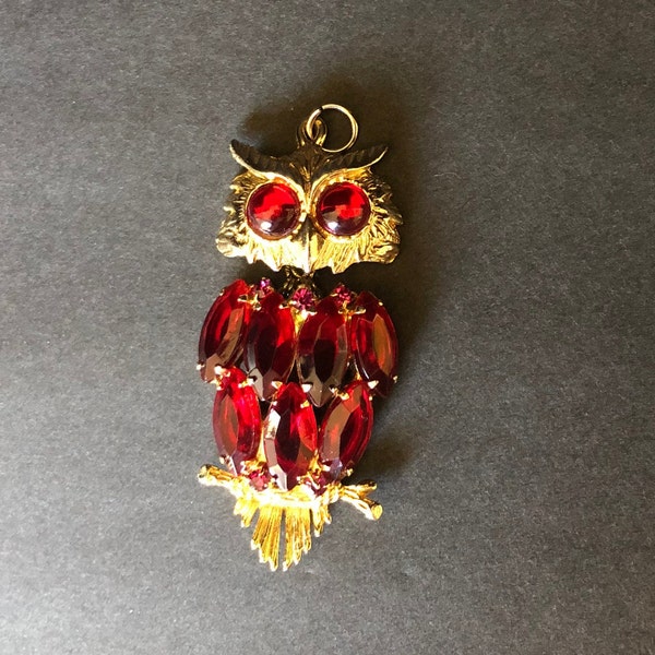 Vintage owl pendant, gold tone with ruby/garnet color 'gems'/'stones'; mid century