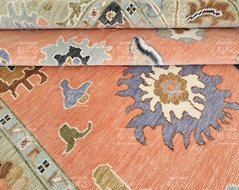 Quick Ship! 9x12 ft Peach Indo Oushak Hand-Knotted Rug | Handmade Rugs for Living Room - Antique Style Contemporary Design