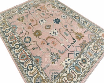 8x10 Quick Ship! Blush Pink Oushak Rug | Hand-Knotted Wool Area Rug | Turkish Style Carpet | Pastel Floral Oriental Rug for Living Room